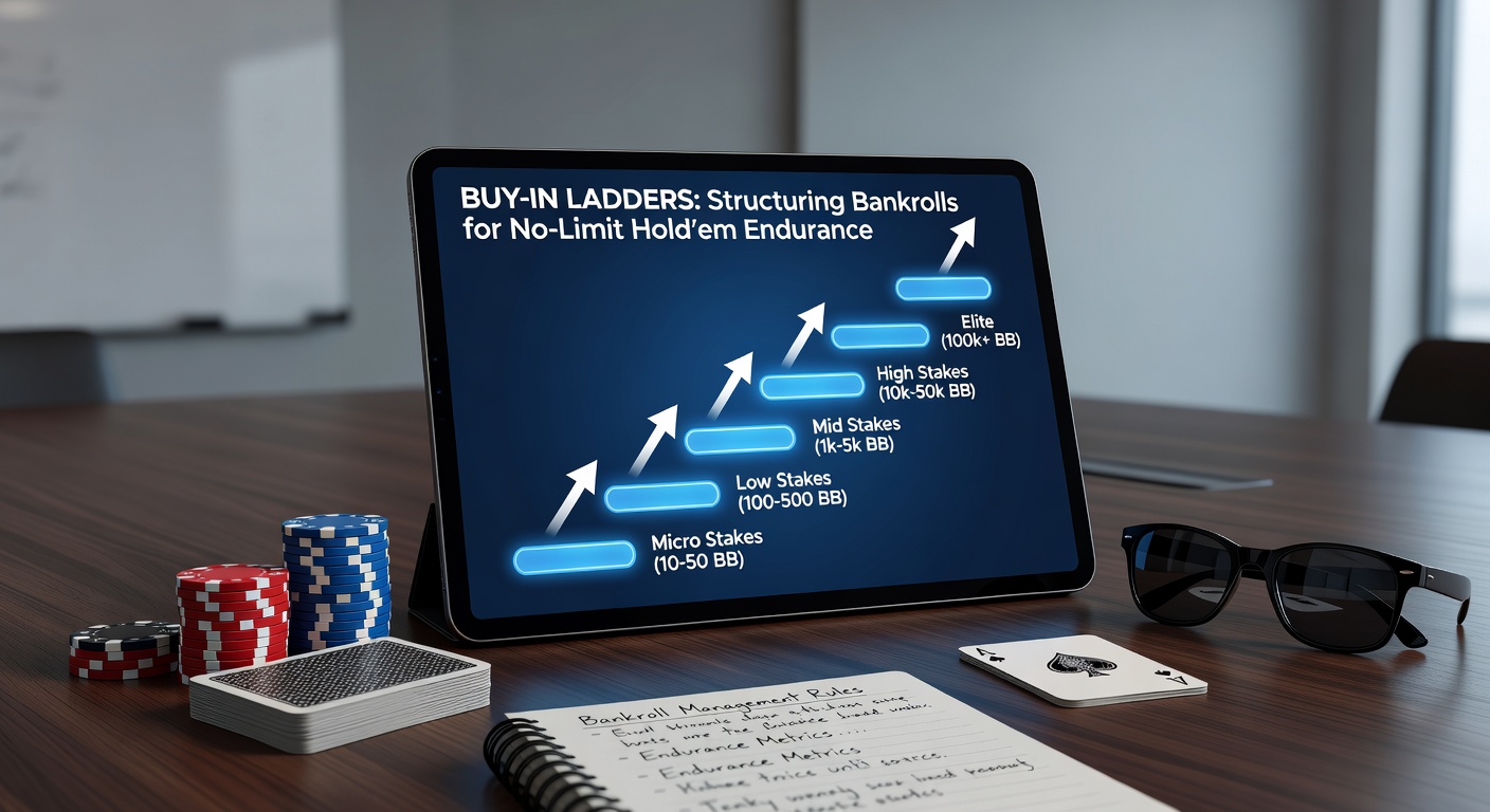 Grafik einer Buy-In-Leiter mit steigenden Stakes und Bankroll-Schwellenwerten für No-Limit Hold'em-Spieler