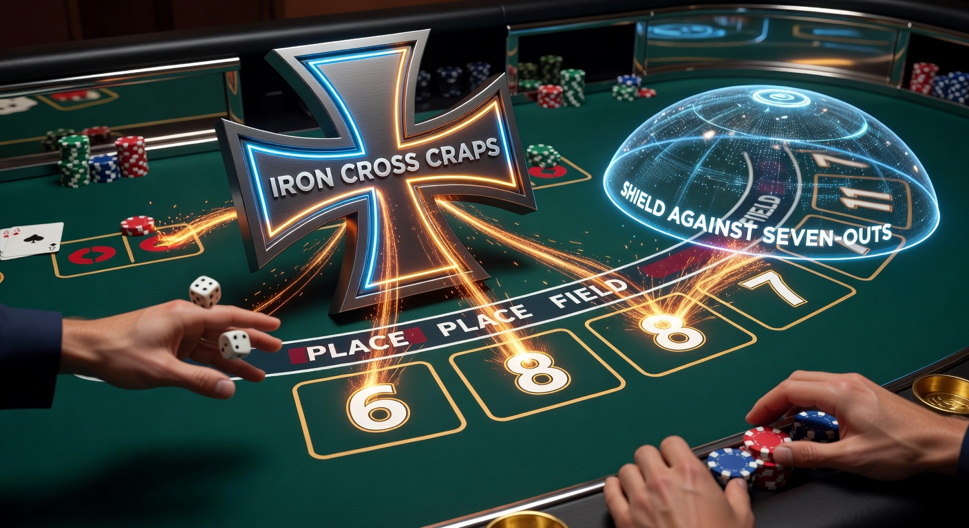 Craps-Tisch mit markierten Iron Cross Wetten, Field-Bereich hervorgehoben neben Place 6 und 8