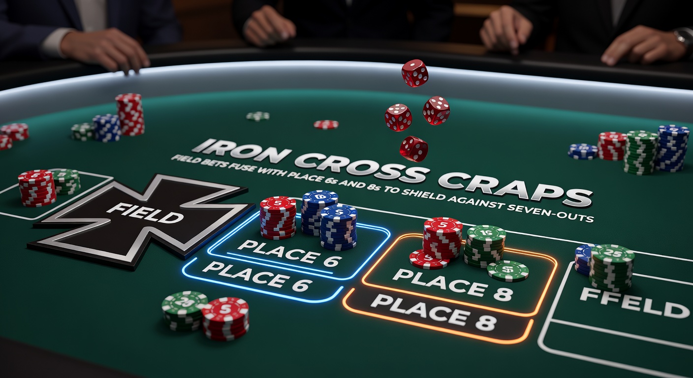 Detaillierte Grafik der Iron Cross Abdeckung auf einem Craps-Tisch, mit Pfeilen zu Field, 6 und 8