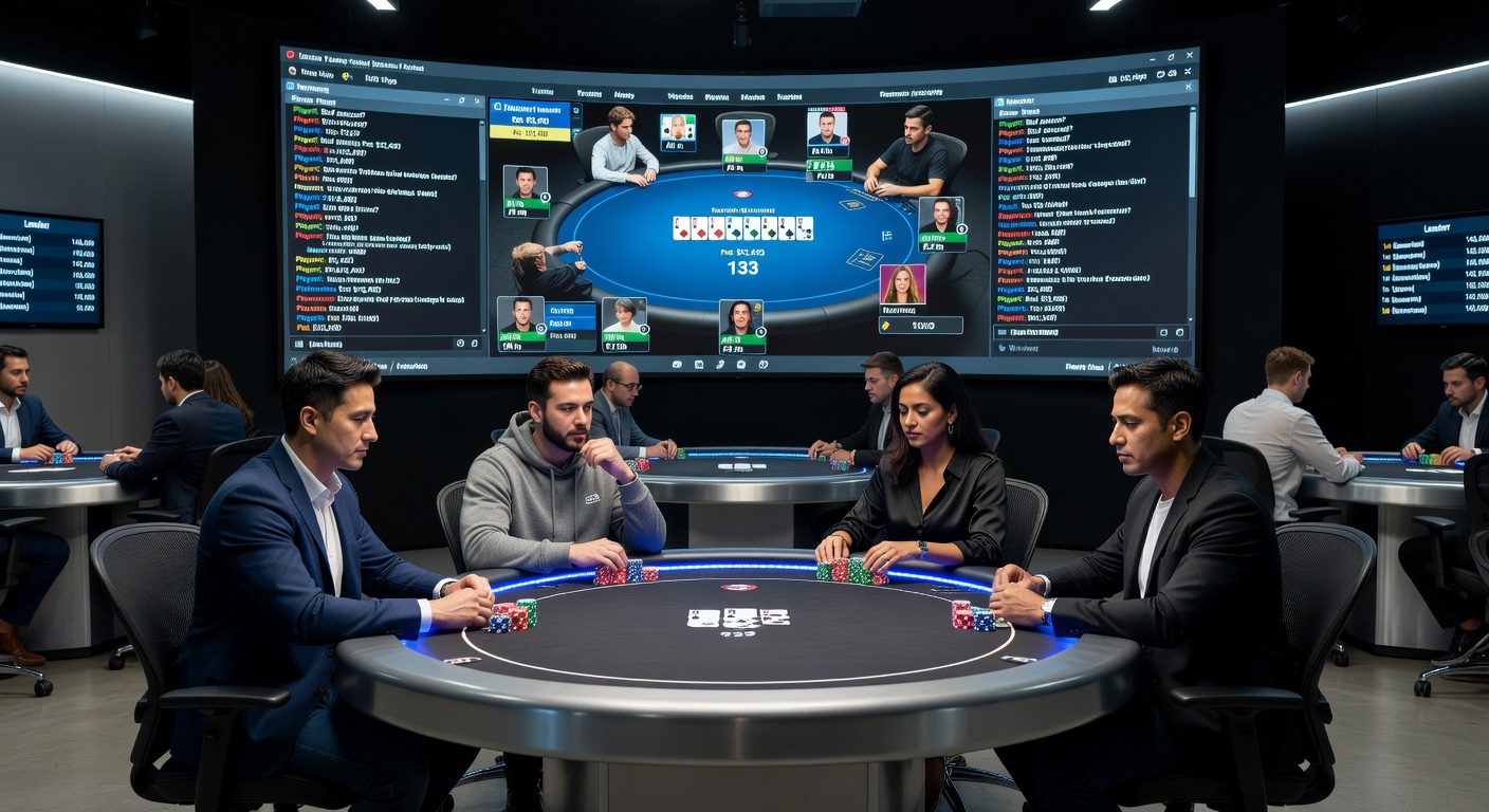 Mehrere Spieler an einem dynamischen virtuellen Pokertisch in einem Online-Multiplayer-Turnier, mit Karten, Chips und Chat-Fenster