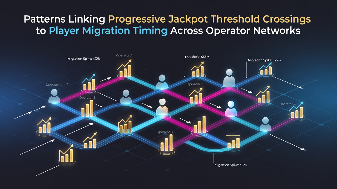 Grafische Darstellung von Datenmustern bei progressiven Jackpots und Spielermigrationen über Operator-Netzwerke