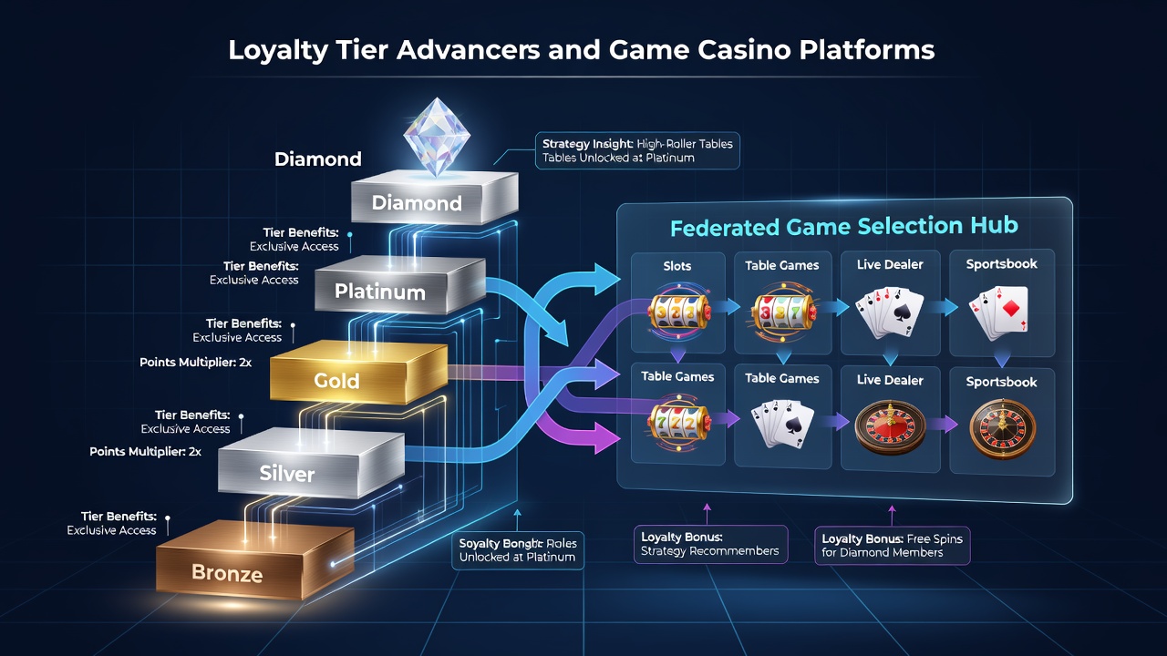 Visualisierung von Loyalitätsstufen und vernetzten Casino-Plattformen mit Spielauswahl-Elementen